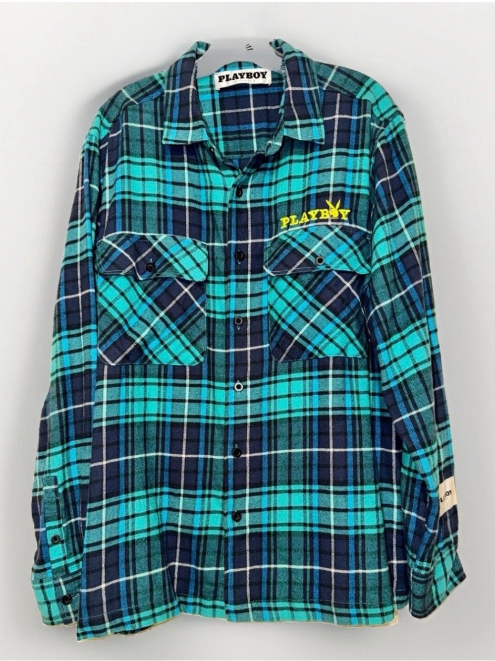Playboy by PacSun Flannel Shirt Men's Medium Blue Green Plaid Button Up Logo